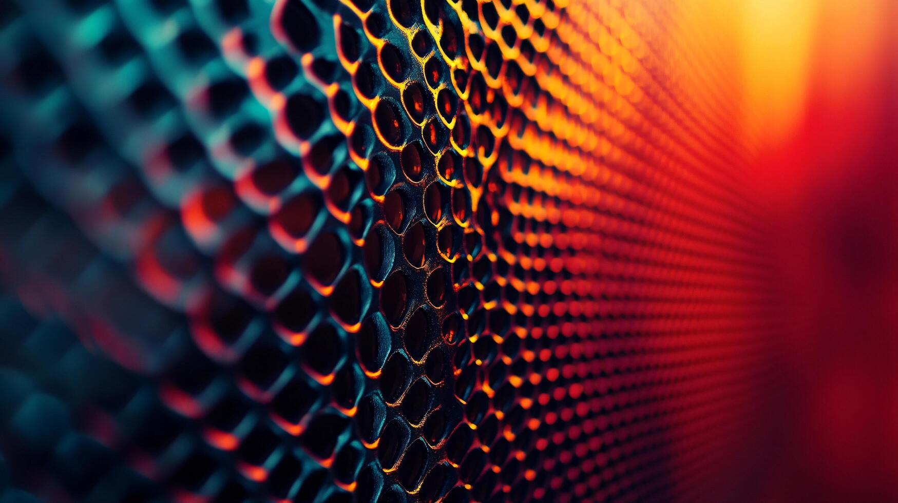 Close up of a metal mesh with a red background. The mesh is made up of many small squares and the red background is very bright photo