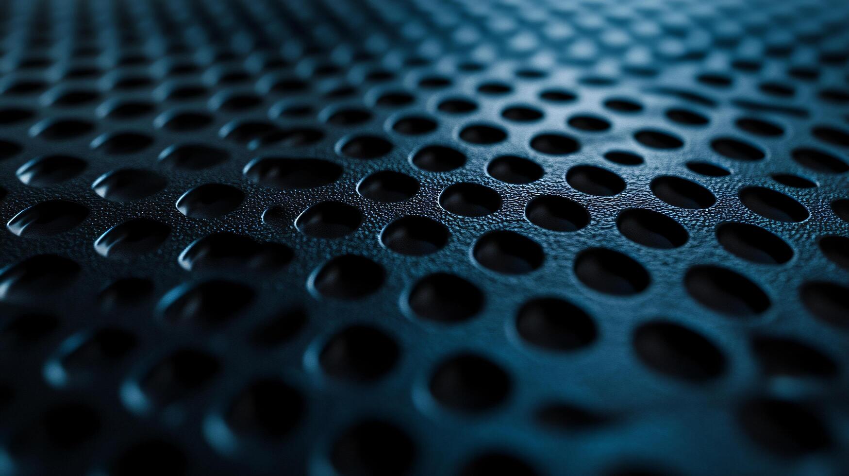 Close up of a metal surface with many small holes. The surface is dark blue and the holes are evenly spaced photo