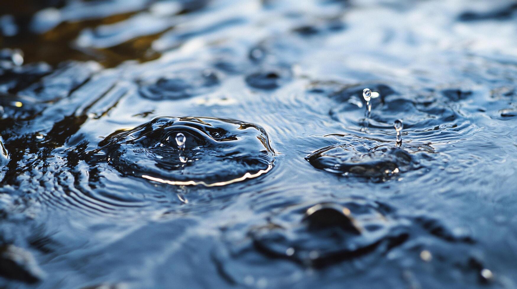 Body of water with raindrops falling on it. The water appears to be calm and still, with the raindrops creating ripples on the surface photo