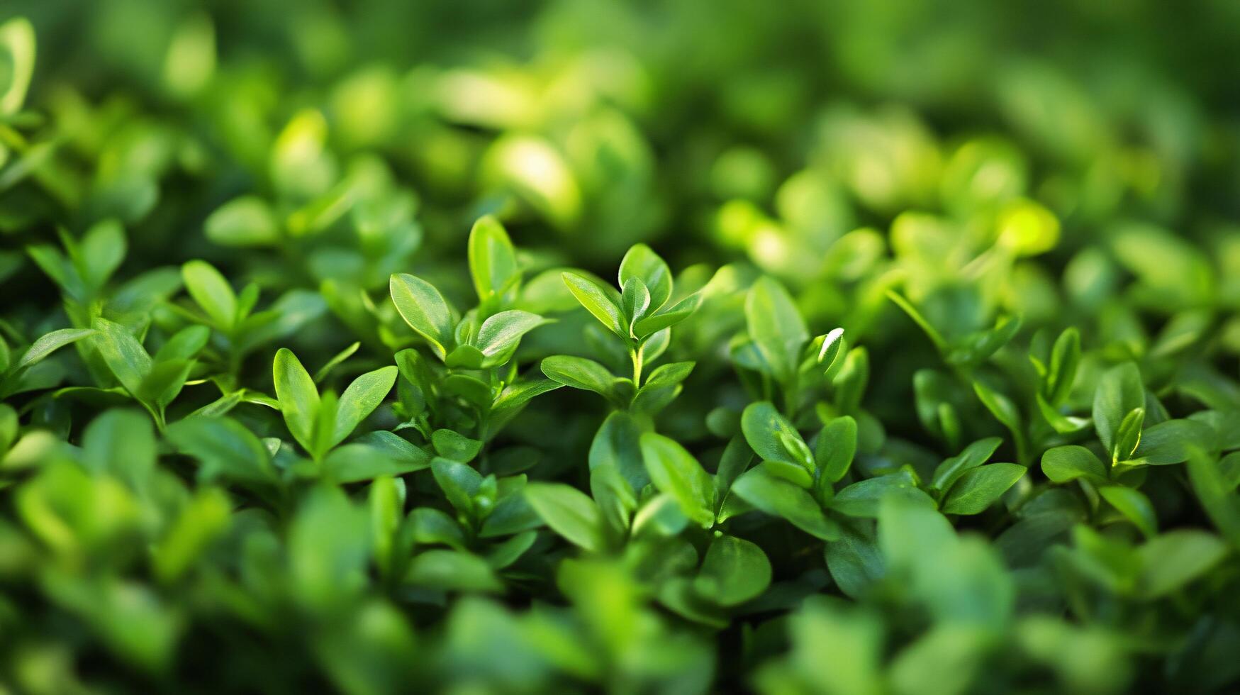 Lush green field of plants with a bright, sunny day. The plants are full and healthy, and the bright green color of the leaves contrasts with the blue sky. The scene is peaceful and serene photo