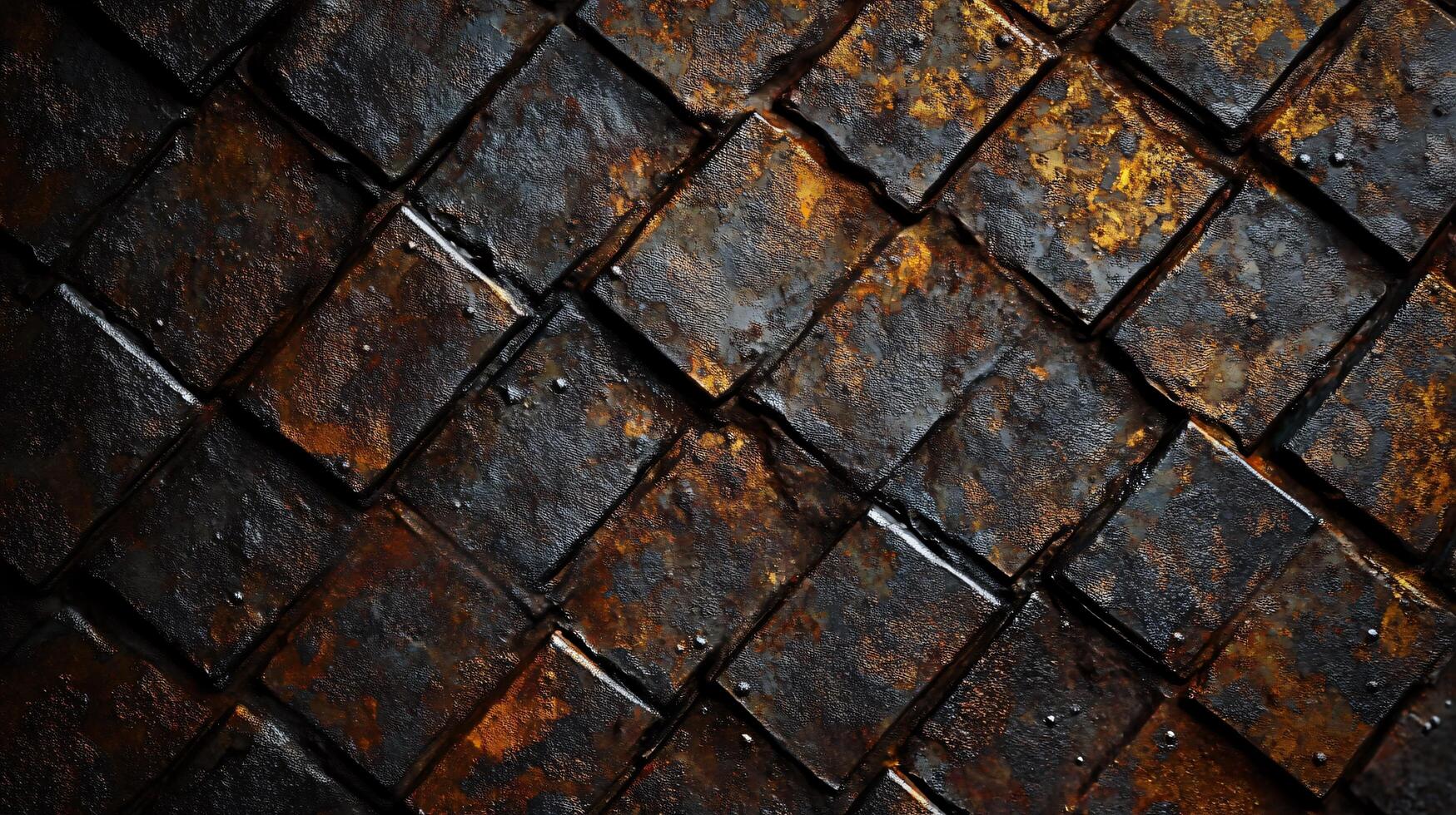The image is of a wall with a pattern of squares and triangles. The squares are dark brown and the triangles are also dark brown. The wall appears to be made of metal and has a rough texture photo
