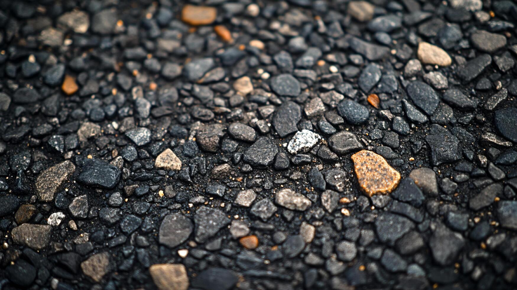Close up of a black gravel road with a few rocks scattered around. The road appears to be empty and desolate photo