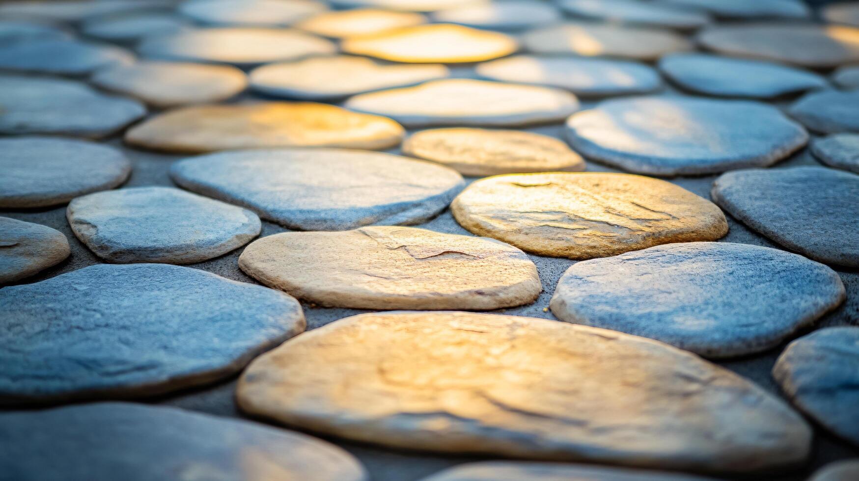 Close up of a stone path with a yellow sun shining on it. The stones are of different sizes and colors, creating a unique and interesting pattern. Concept of warmth and tranquility photo