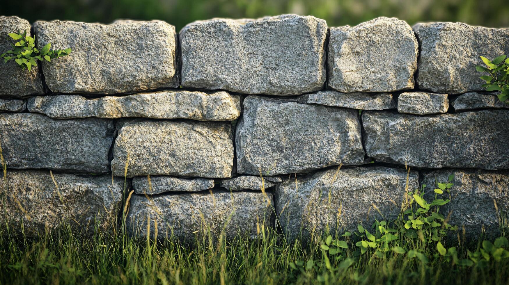 Wall made of stone blocks with a green plant growing out of it. The wall is tall and has a rough texture. The plant is small and has green leaves. The scene has a natural and rustic feel to it photo