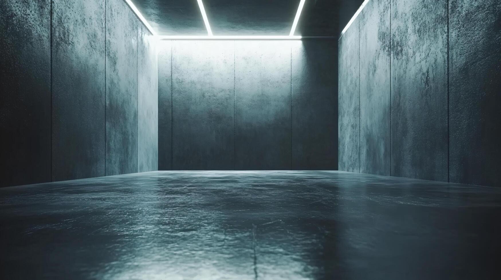 Large, empty room with a white ceiling and grey walls. The room is empty and has no furniture or decorations. Scene is bleak and desolate photo