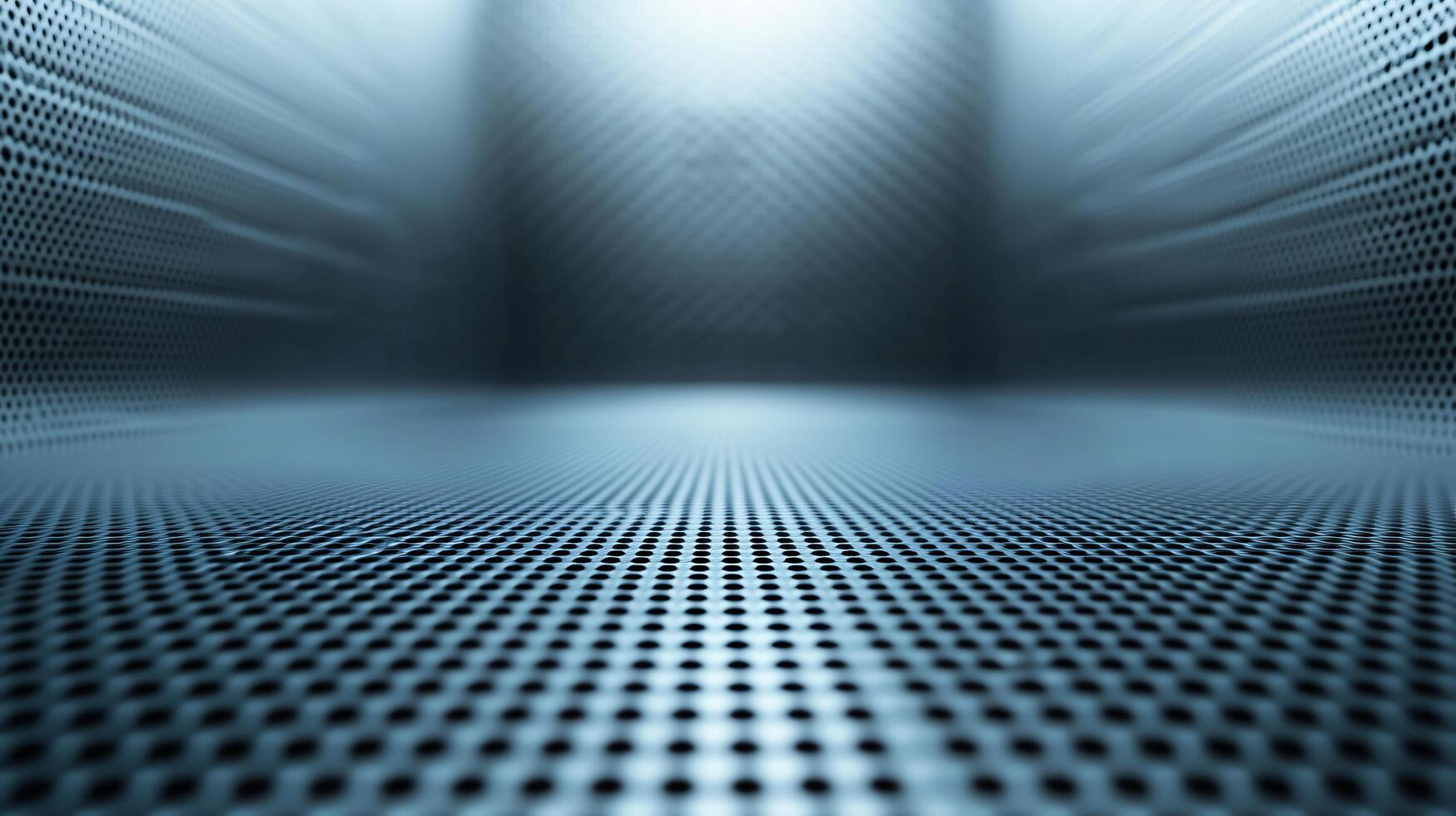 Blue and white image of a room with a metal floor. The floor is covered in small dots photo