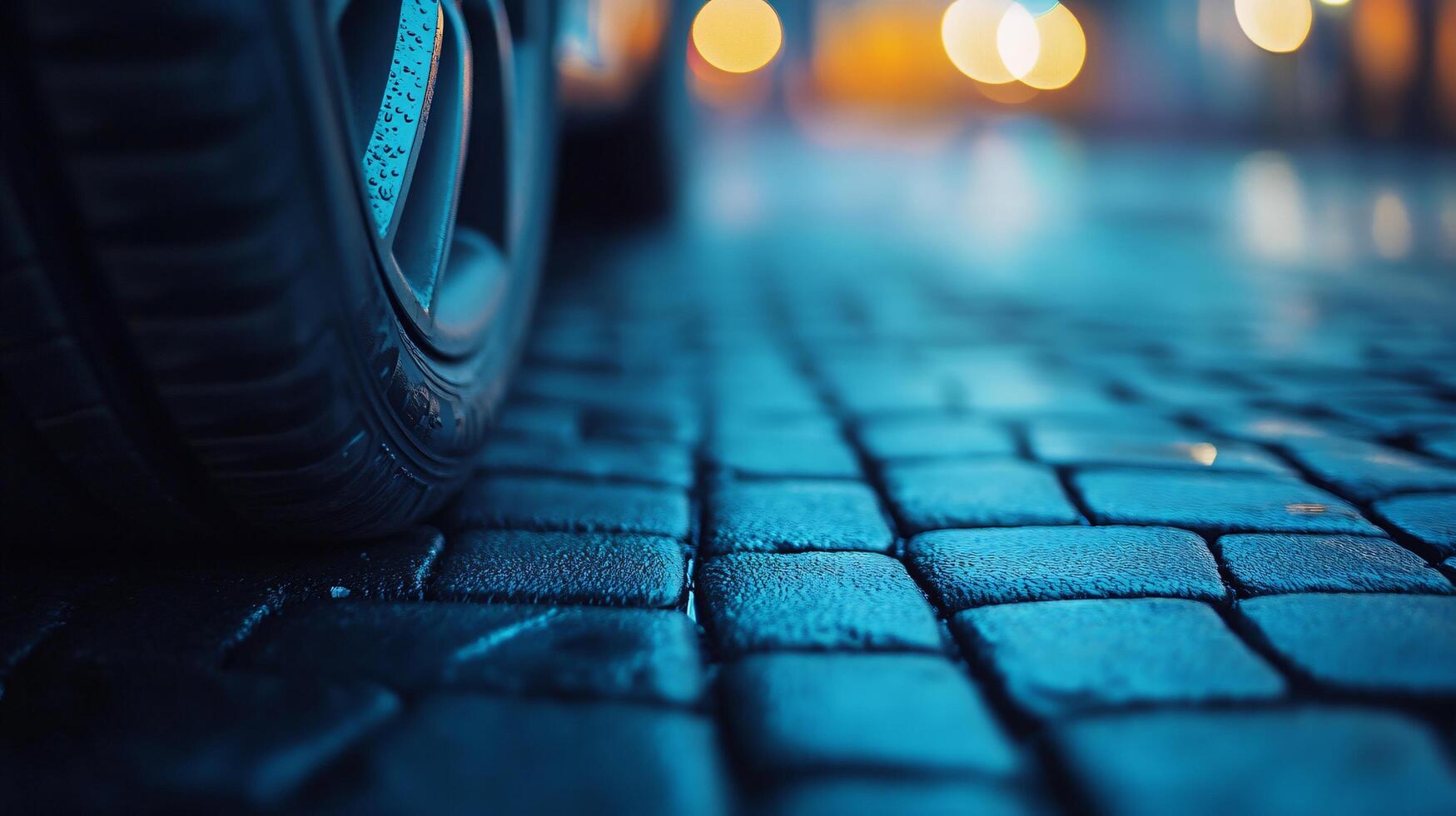 Tire is laying on a wet cobblestone street. The wet cobblestone is reflected in the tire, creating a blurry effect. Concept of motion and the tire's journey through the wet street photo