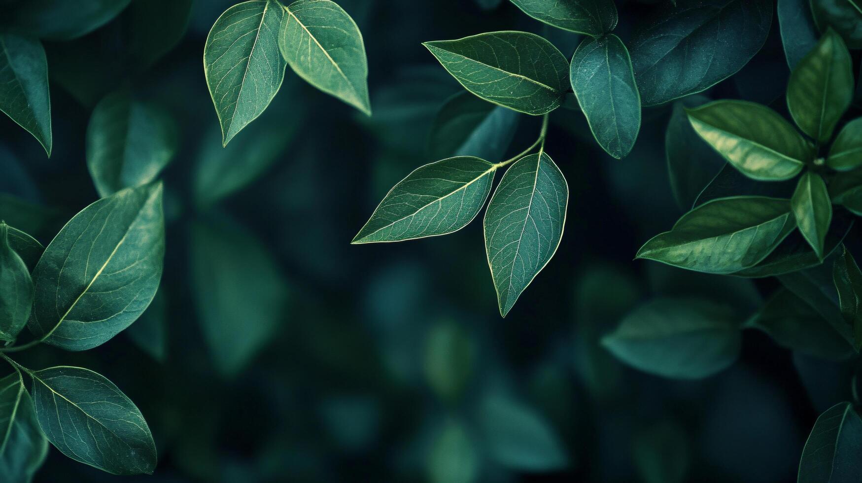 Close up of green leaves with a dark background. The leaves are wet and shiny. Concept of freshness and vitality photo