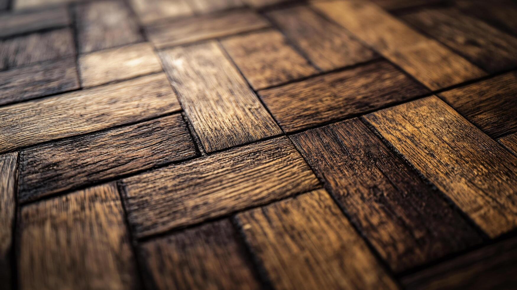 Wooden floor with a checkered pattern. The wood appears to be aged and has a rustic feel to it. The checkered pattern adds a sense of depth and texture to the floor, making it visually interesting photo