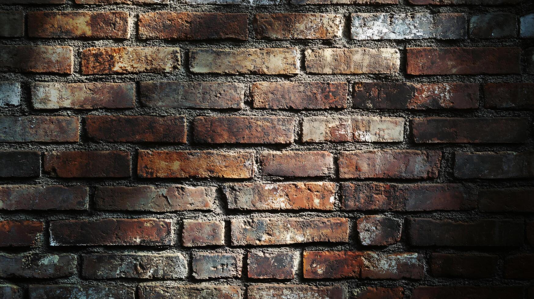 Brick wall with a lot of texture and a dark brown color. The wall is covered in dirt and has a lot of cracks photo