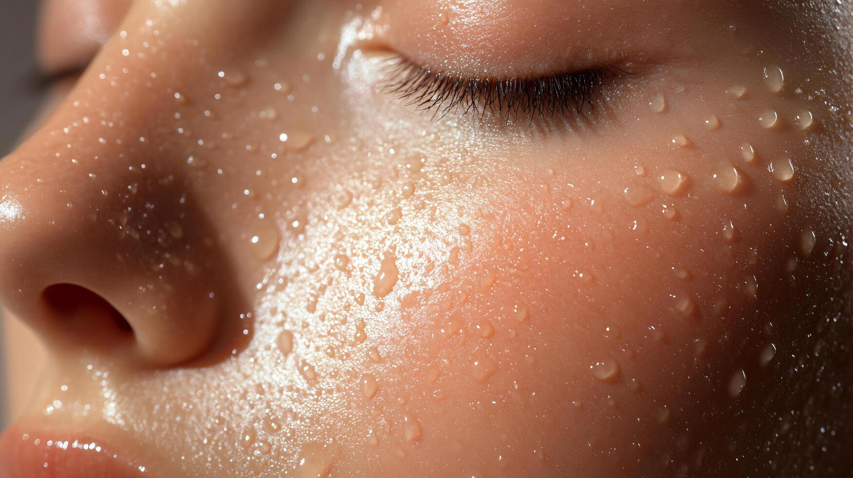 Woman's face is wet and shiny, with a slight sheen on her skin. Concept of freshness and cleanliness, as if the woman has just washed her face photo