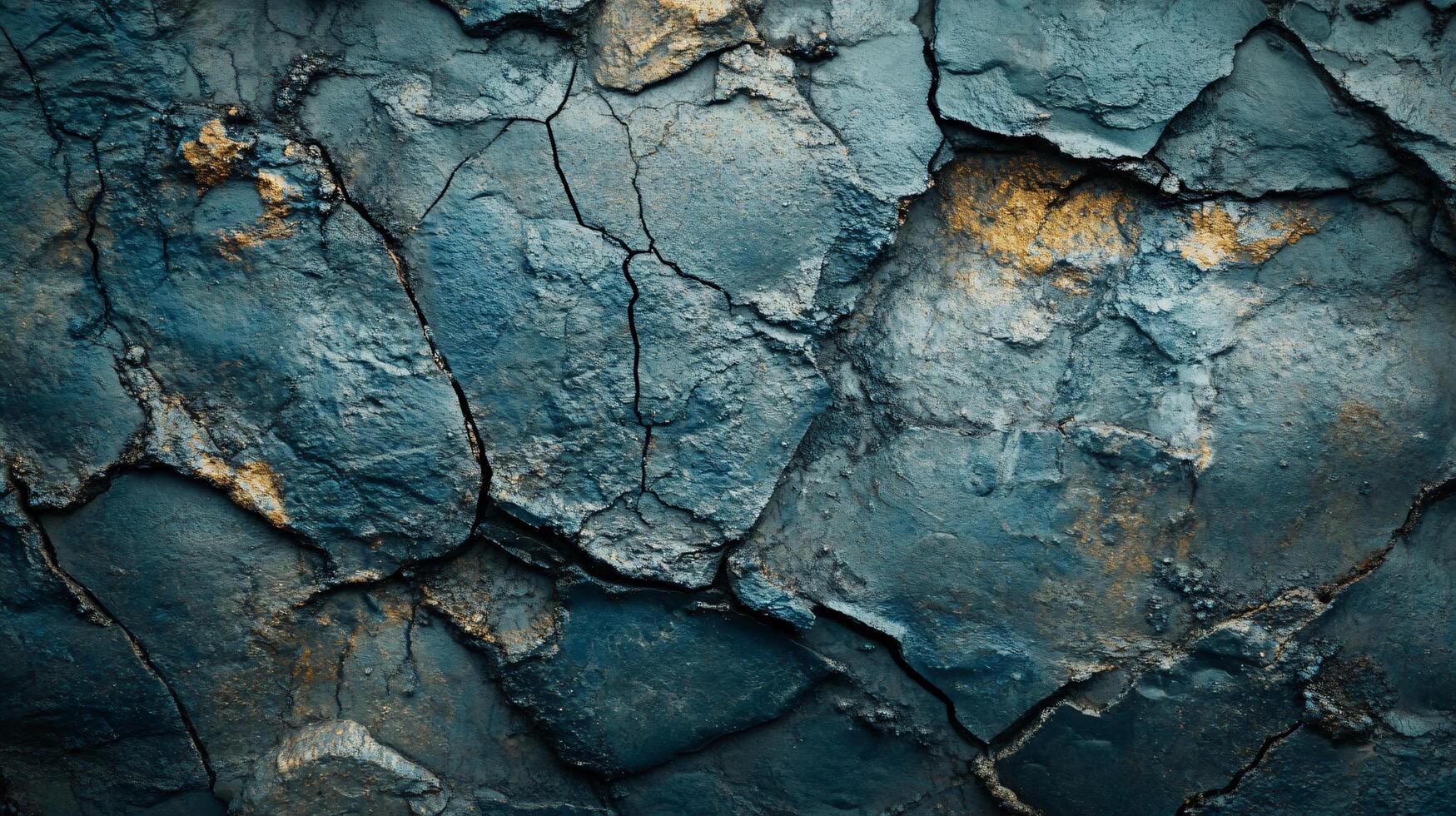 Blue and gold rock wall with cracks and holes. The wall is rough and uneven, giving it a rugged and natural appearance. The colors of the wall create a sense of depth and texture photo