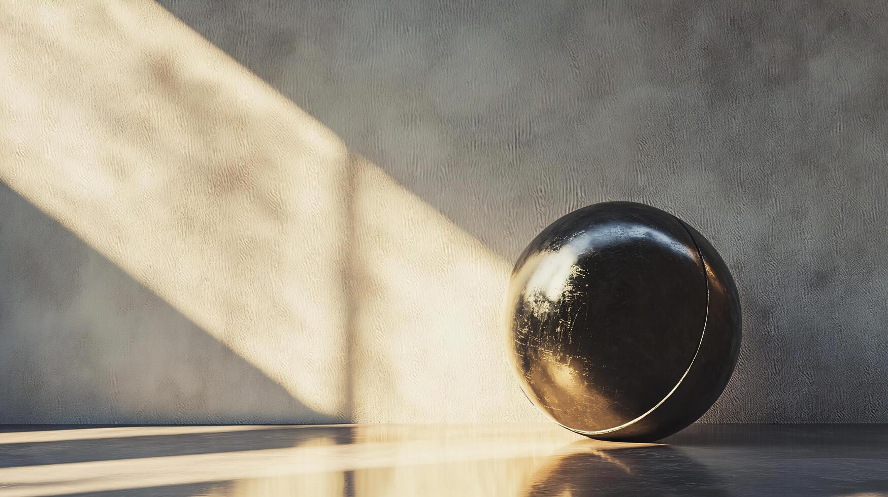 Black ball is sitting on a concrete floor in a room with a window. The sun is shining through the window, casting a shadow on the floor photo