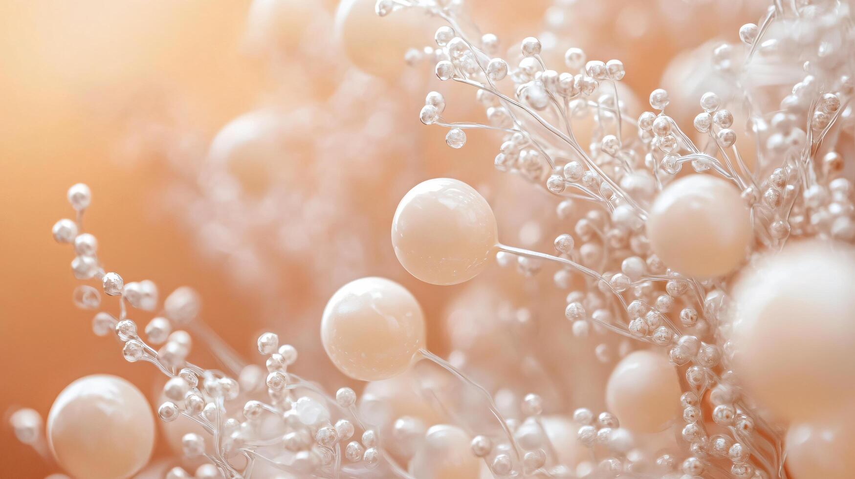 Close up of a bunch of white flowers with a lot of small white beads. The flowers are arranged in a way that makes them look like they are floating. Scene is serene and peaceful, as the flowers photo