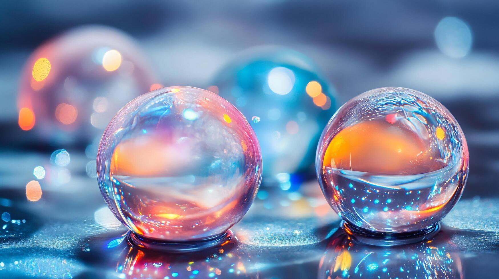 Four clear, round, and shiny spheres, each with a different color. The spheres are placed on a surface, and they appear to be reflecting light, creating a sense of depth and movement photo