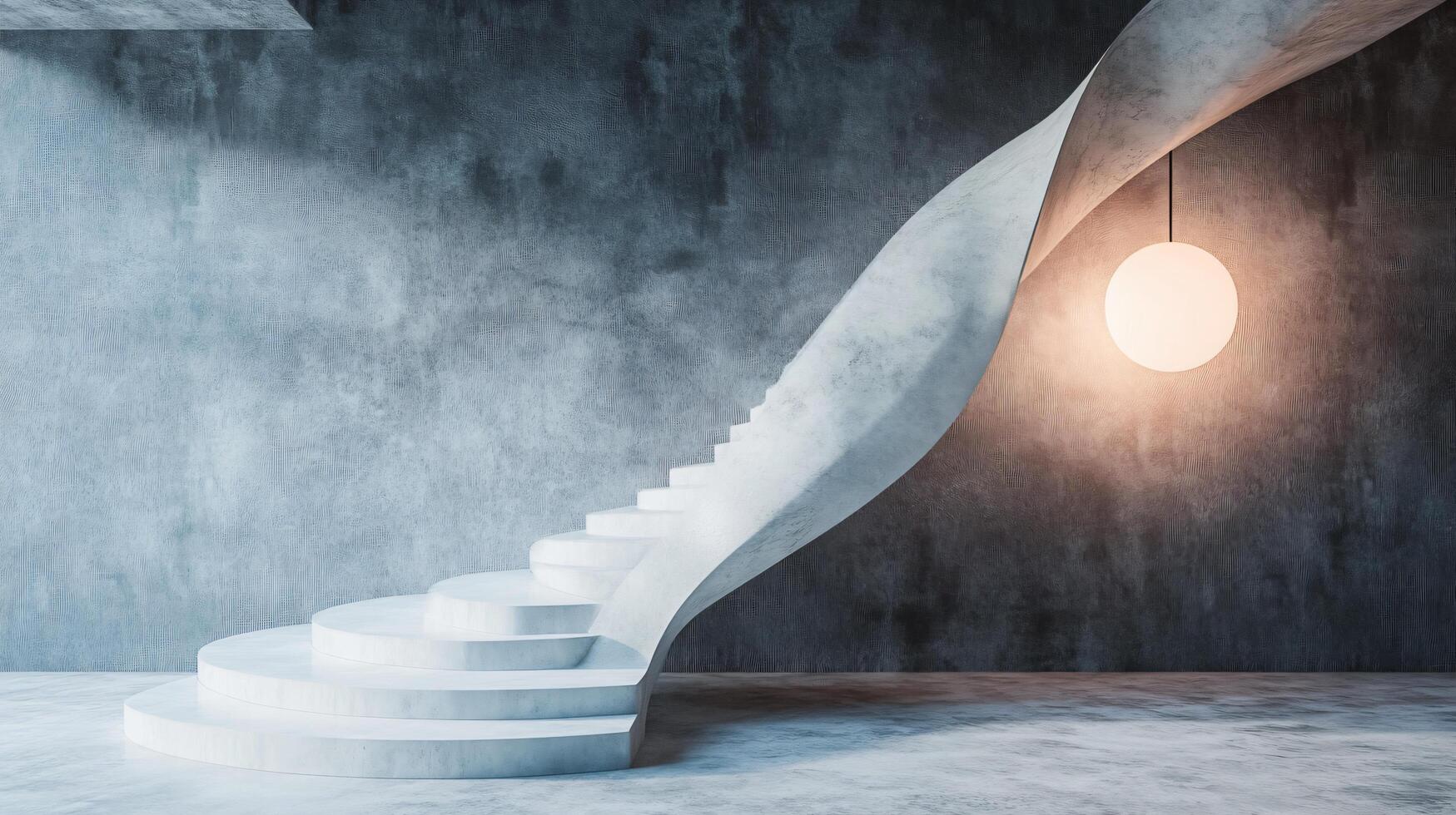 Spiral staircase is lit by a white light. The staircase is white and the wall is gray photo