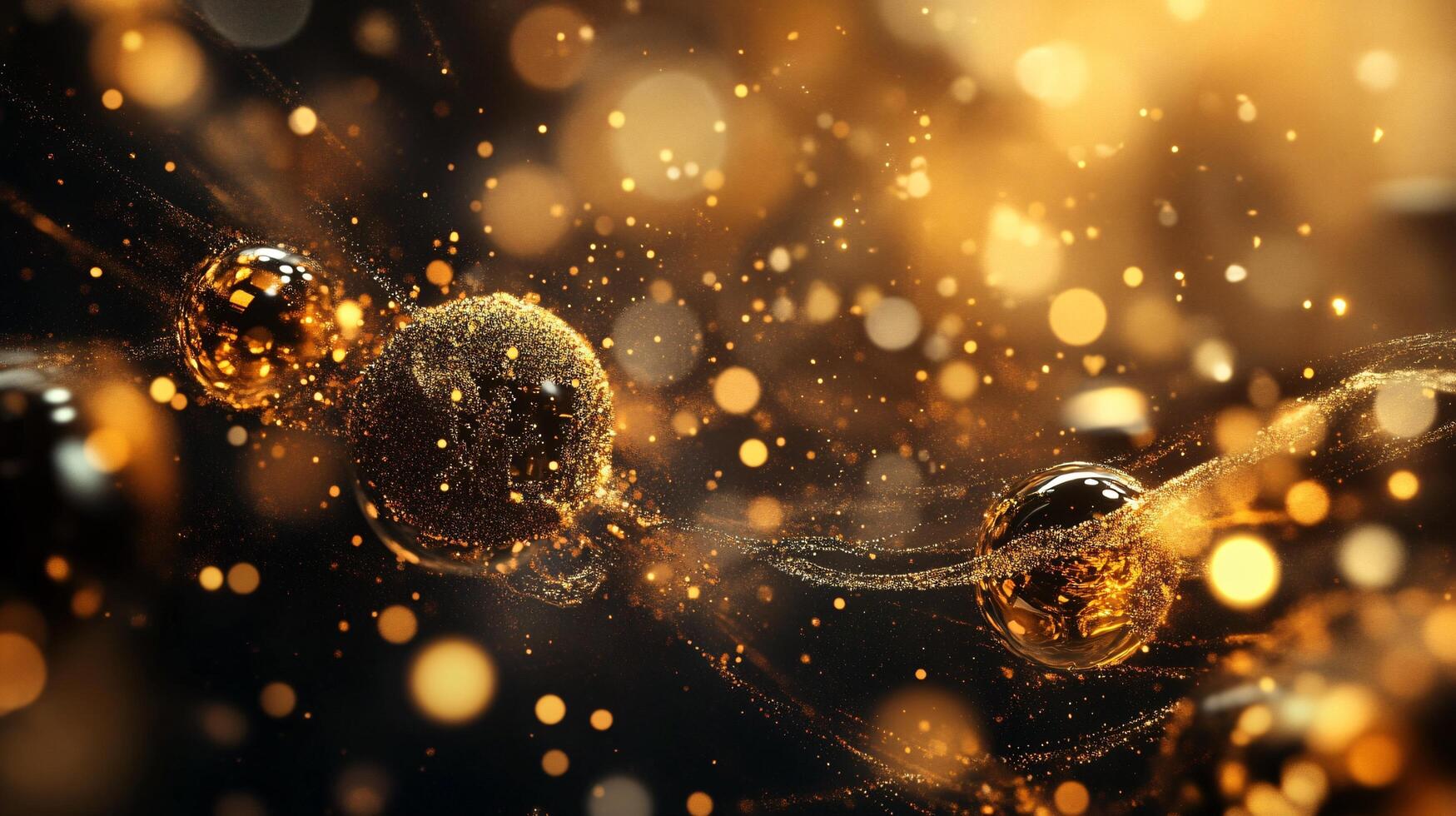 Gold and black background with three gold spheres in the middle. The spheres are surrounded by a lot of glitter photo