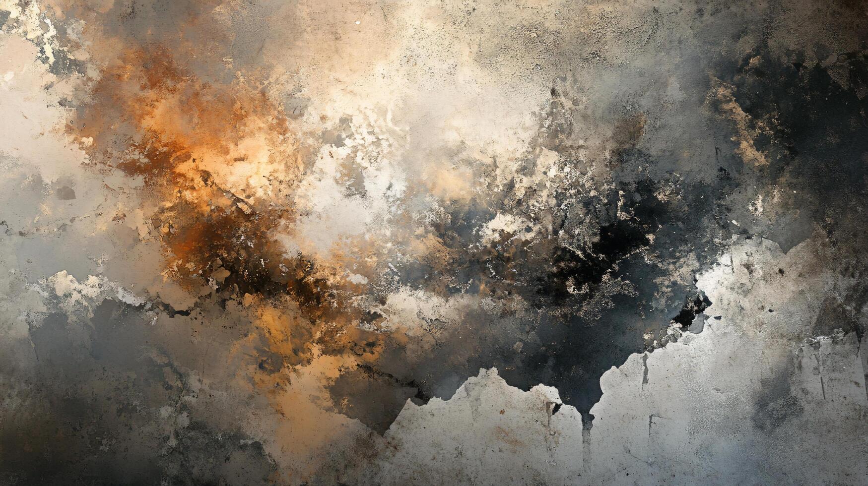 Painting of a cloudy sky with a splash of orange and brown. The painting has a mood of chaos and disorder photo