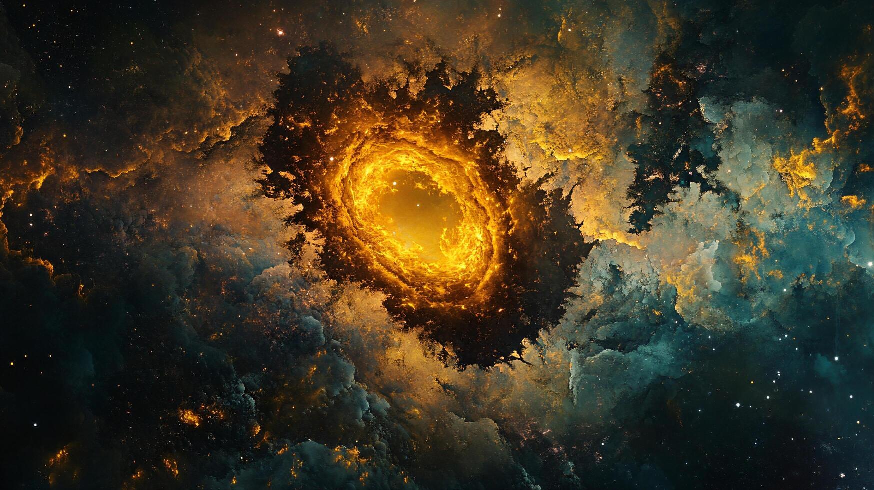 Yellow and blue swirl of clouds in the sky. The yellow swirl is the center of the image and the blue swirl is surrounding it photo