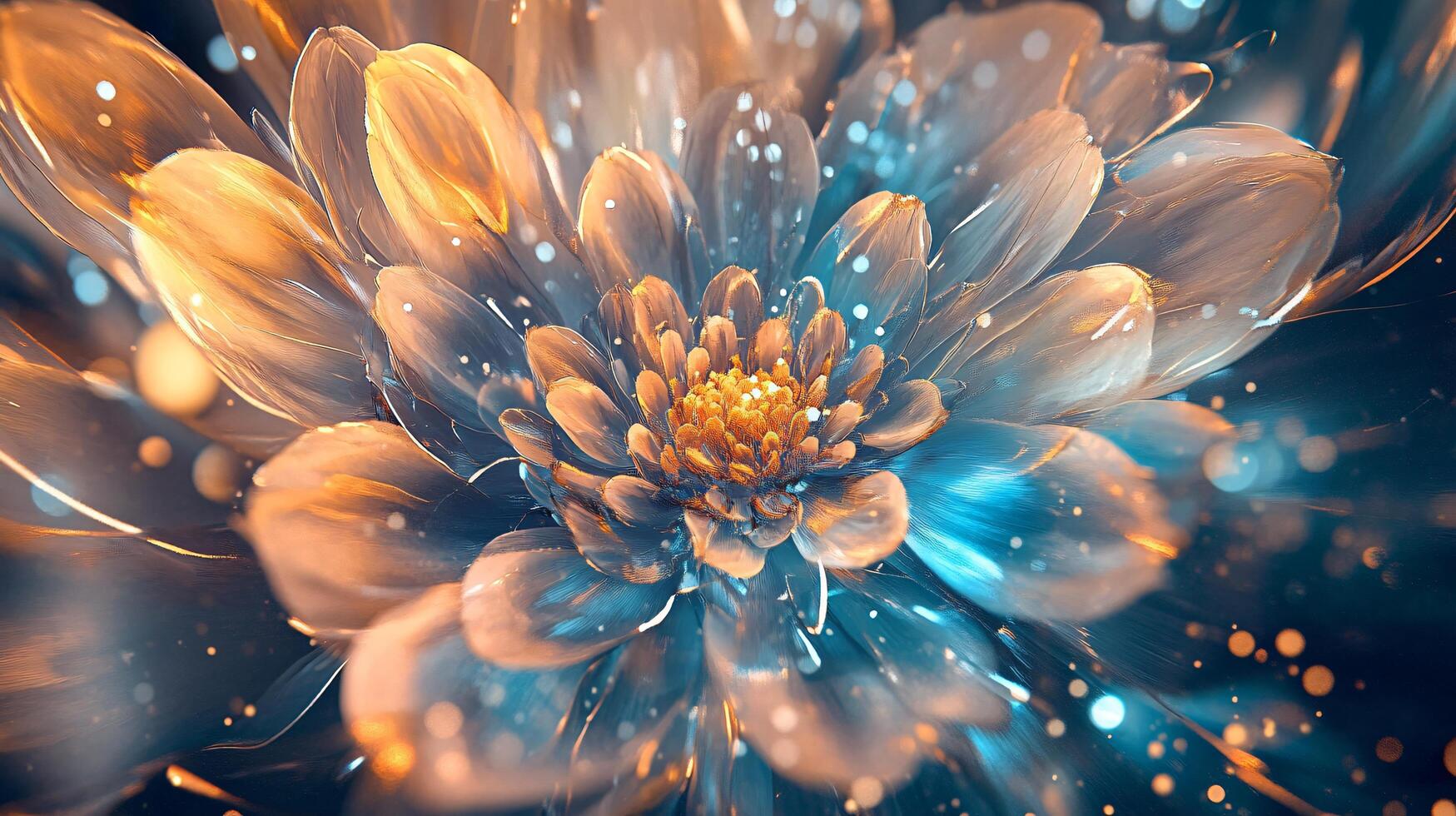 Flower with a blue and orange background. The flower is surrounded by a lot of sparkles photo