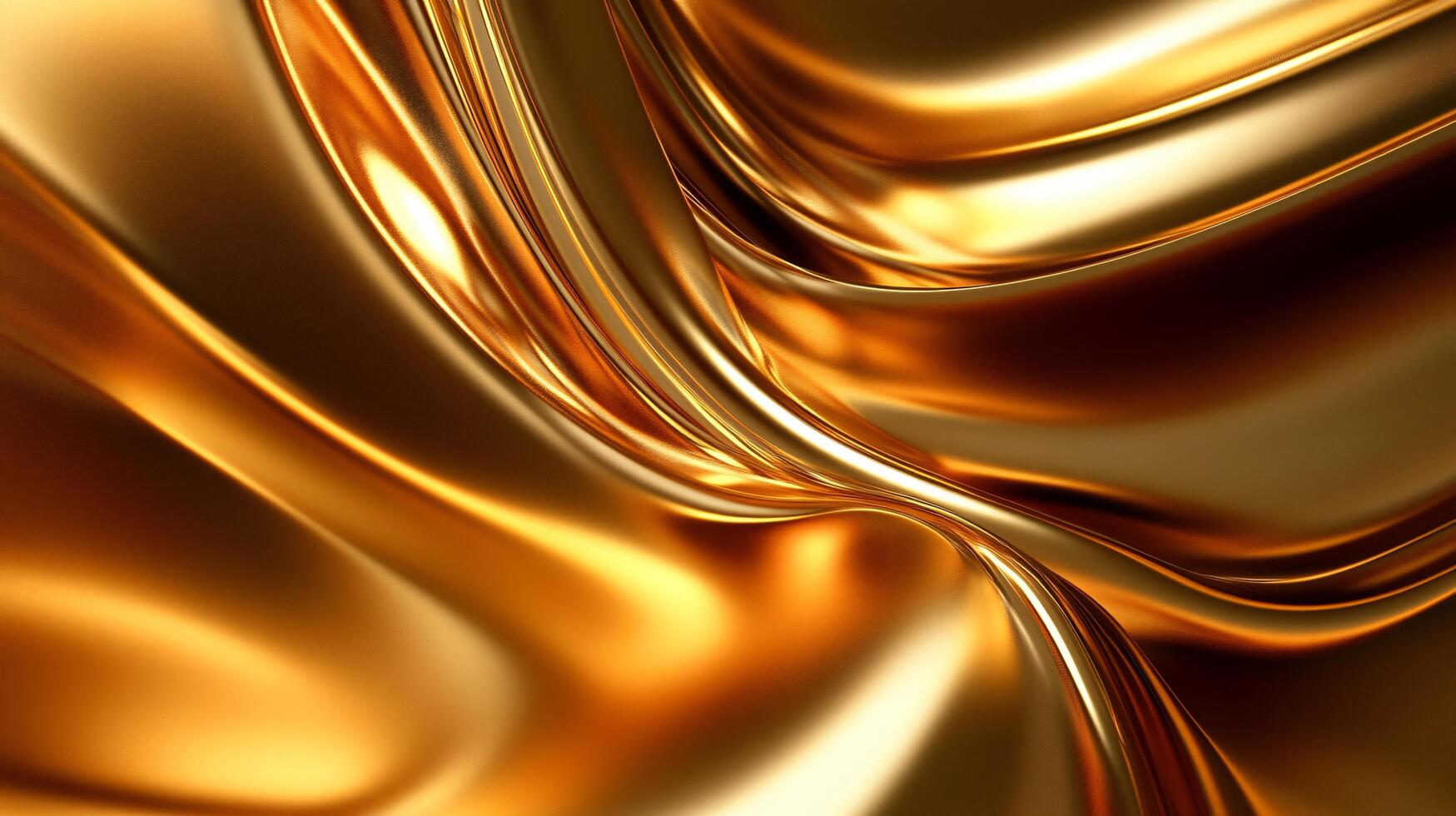 Gold fabric with a shiny, reflective surface. The fabric is draped over a surface, creating a sense of movement and depth. The gold color and the way it is draped suggest a luxurious photo