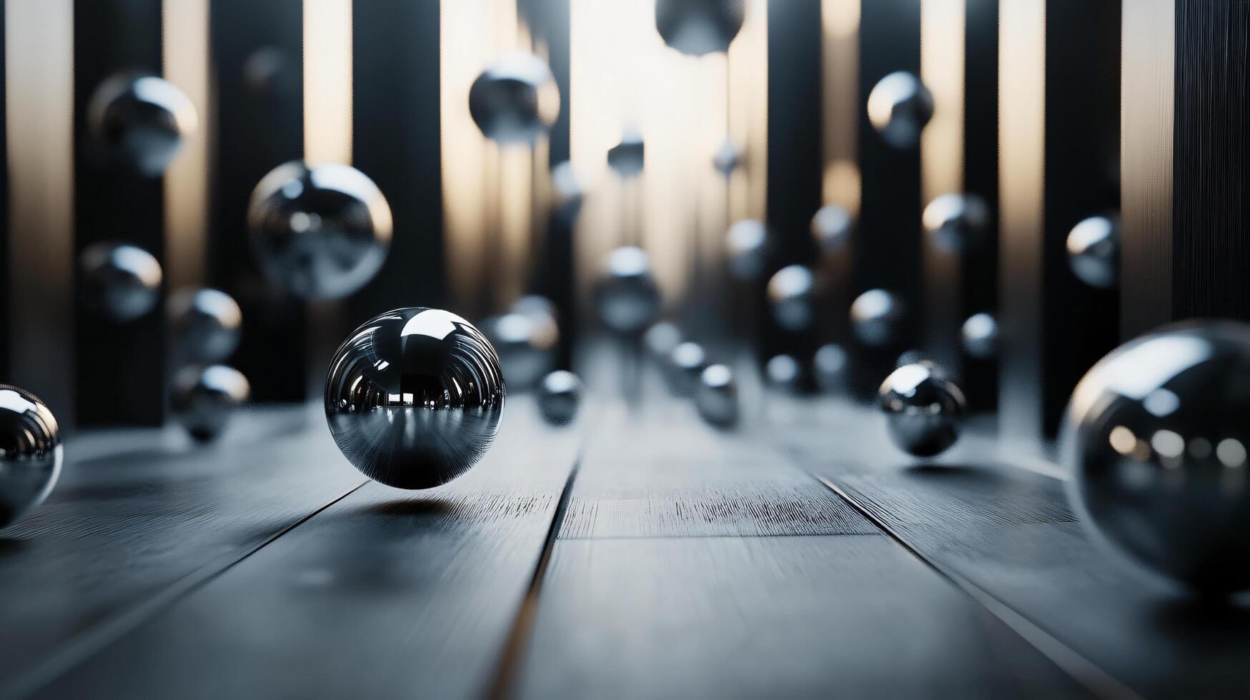 Series of silver spheres are floating in the air, with one of them being the largest. The image has a futuristic and abstract feel to it, with the spheres appearing to be suspended in mid-air photo