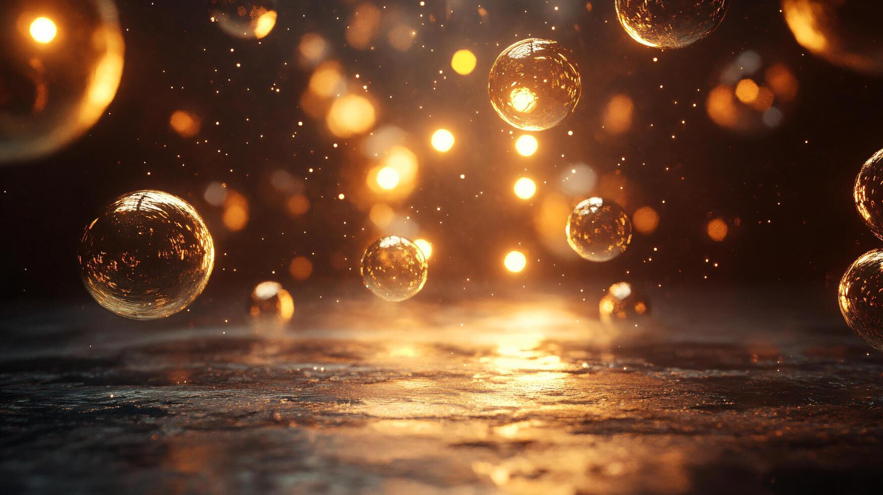 Series of glowing, golden spheres are floating in the air, creating a sense of movement and energy. The scene is set against a dark background, which adds to the mysterious and ethereal atmosphere photo