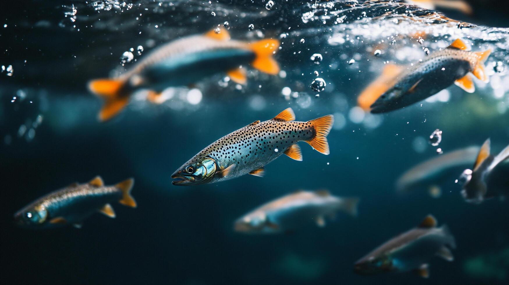 School of fish swimming in the ocean. The fish are orange and black. The water is clear and blue photo