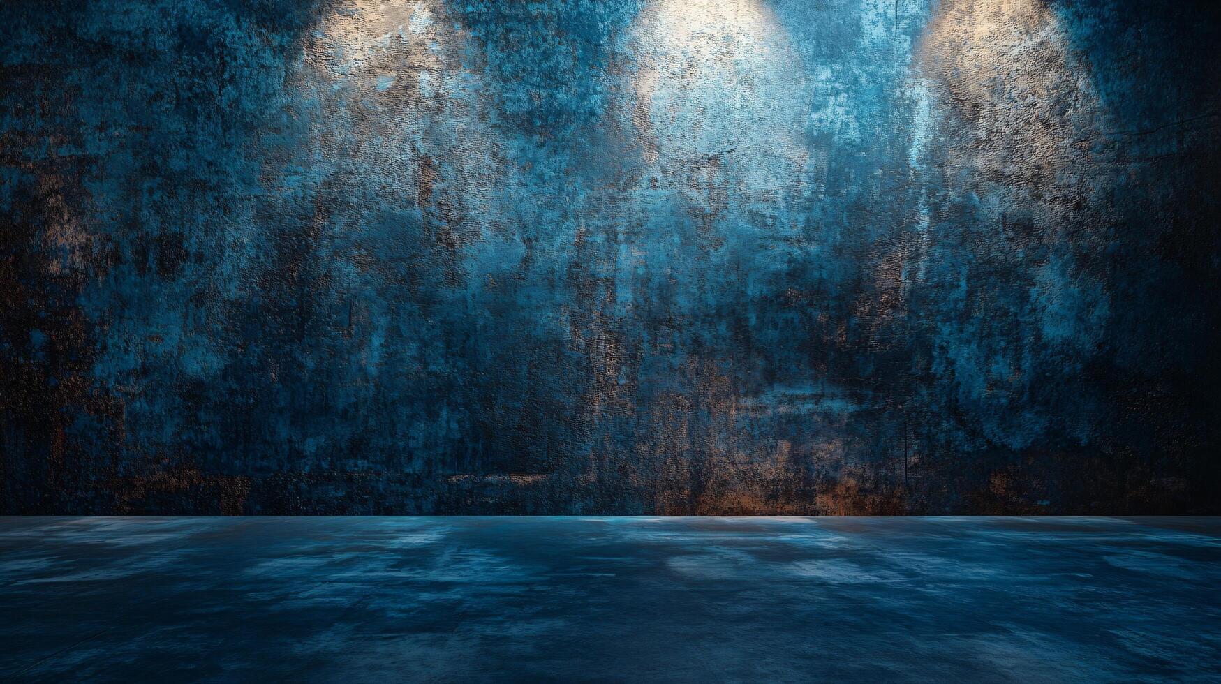 Large, empty room with three bright lights shining on a blue wall. The room is dimly lit, creating a moody atmosphere. The blue wall is covered in graffiti, giving the space a gritty, urban feel photo