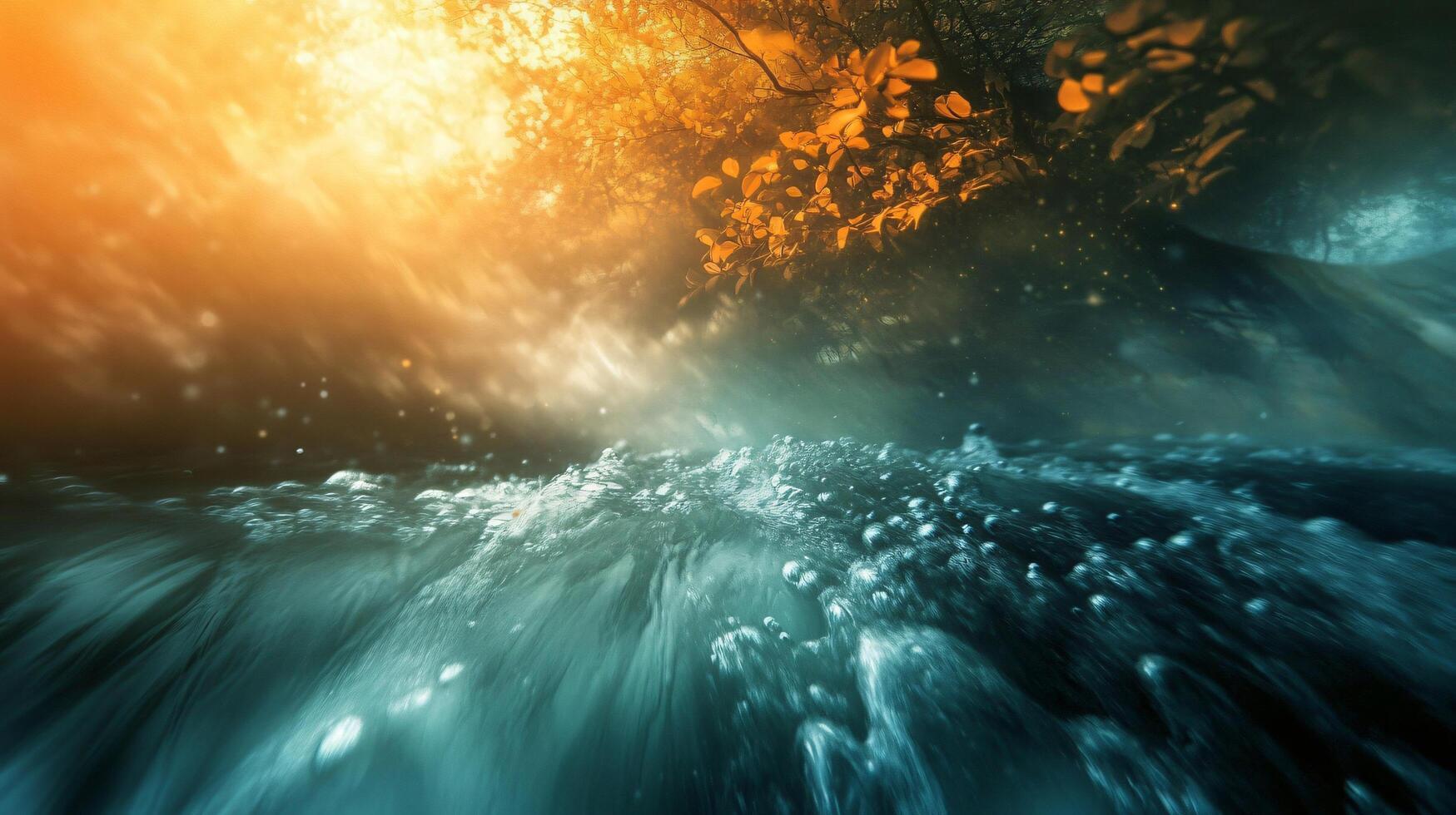 Beautiful blue ocean with a tree in the background. The tree is orange and yellow, and the water is calm photo
