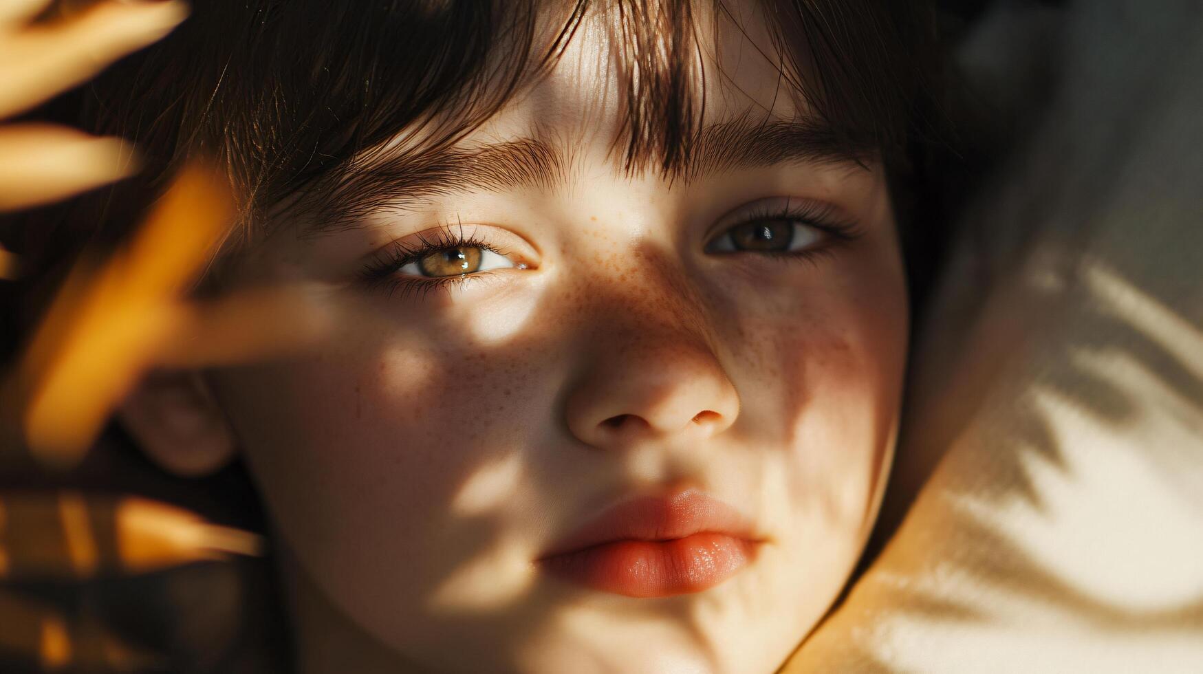 Young woman with green eyes and a light brown hair is laying on a bed. She has a light pink lip color and a shadow on her face photo