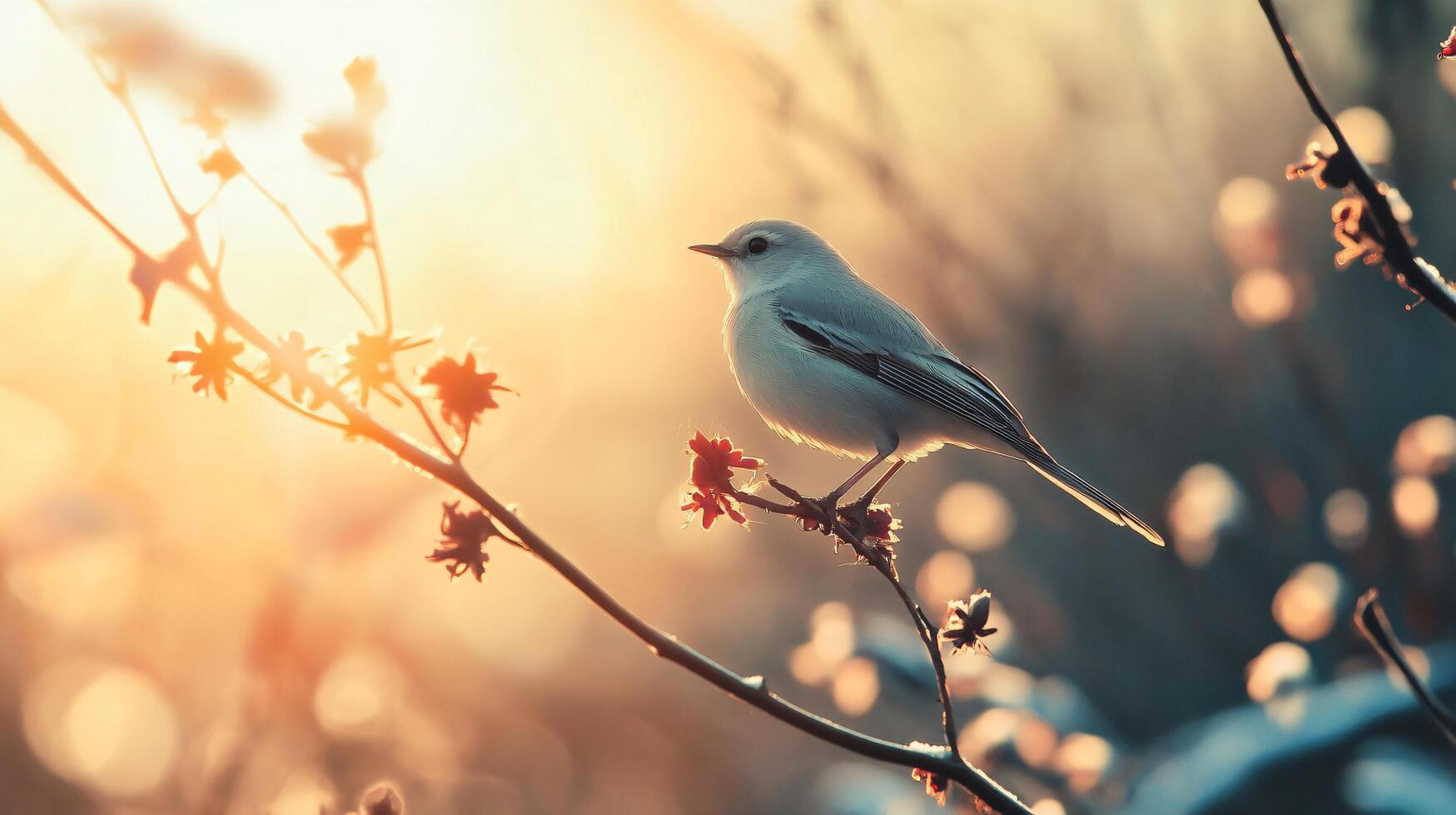 Small bird is perched on a branch in a tree. The sun is shining brightly, casting a warm glow on the scene. The bird appears to be enjoying the beautiful day and the peaceful surroundings photo
