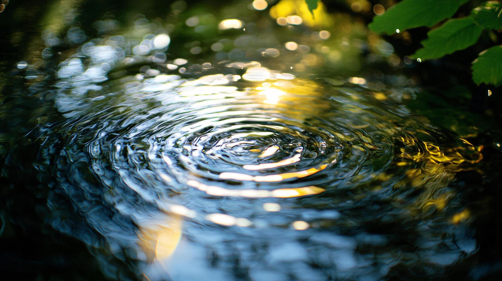 Small ripple in a body of water. The water is calm and still, with a few leaves floating on the surface. The scene is peaceful and serene, with the sun shining down on the water photo