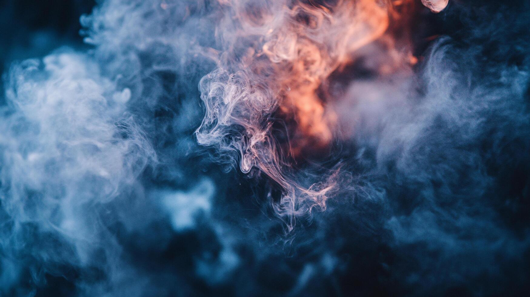 Blue and orange smoke cloud with a yellowish orange flame. The smoke is thick and dense, and the flame is small and orange. Scene is mysterious and ominous photo
