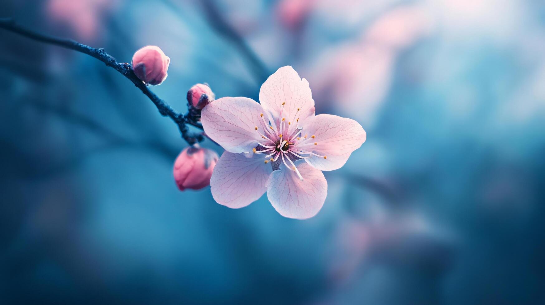 Beautiful pink flower with a blue background. The flower is the main focus of the image and it is surrounded by a blue sky. The blue sky and the pink flower create a serene and calming mood photo