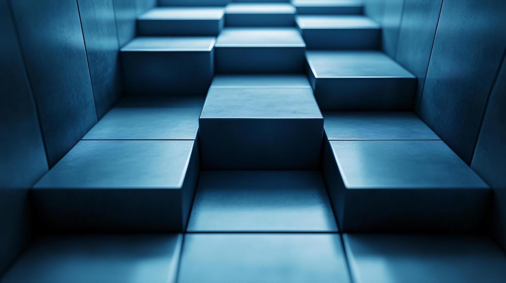Blue room with a blue staircase. The staircase is made of blocks and is blue. The room is empty photo