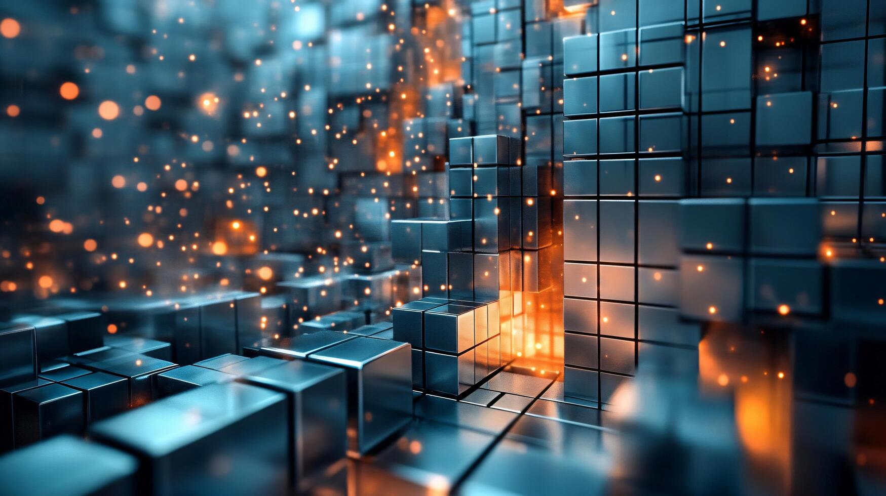 Computer generated image of a cityscape with bright orange lights. The image is made up of many small cubes, giving it a futuristic and industrial feel photo