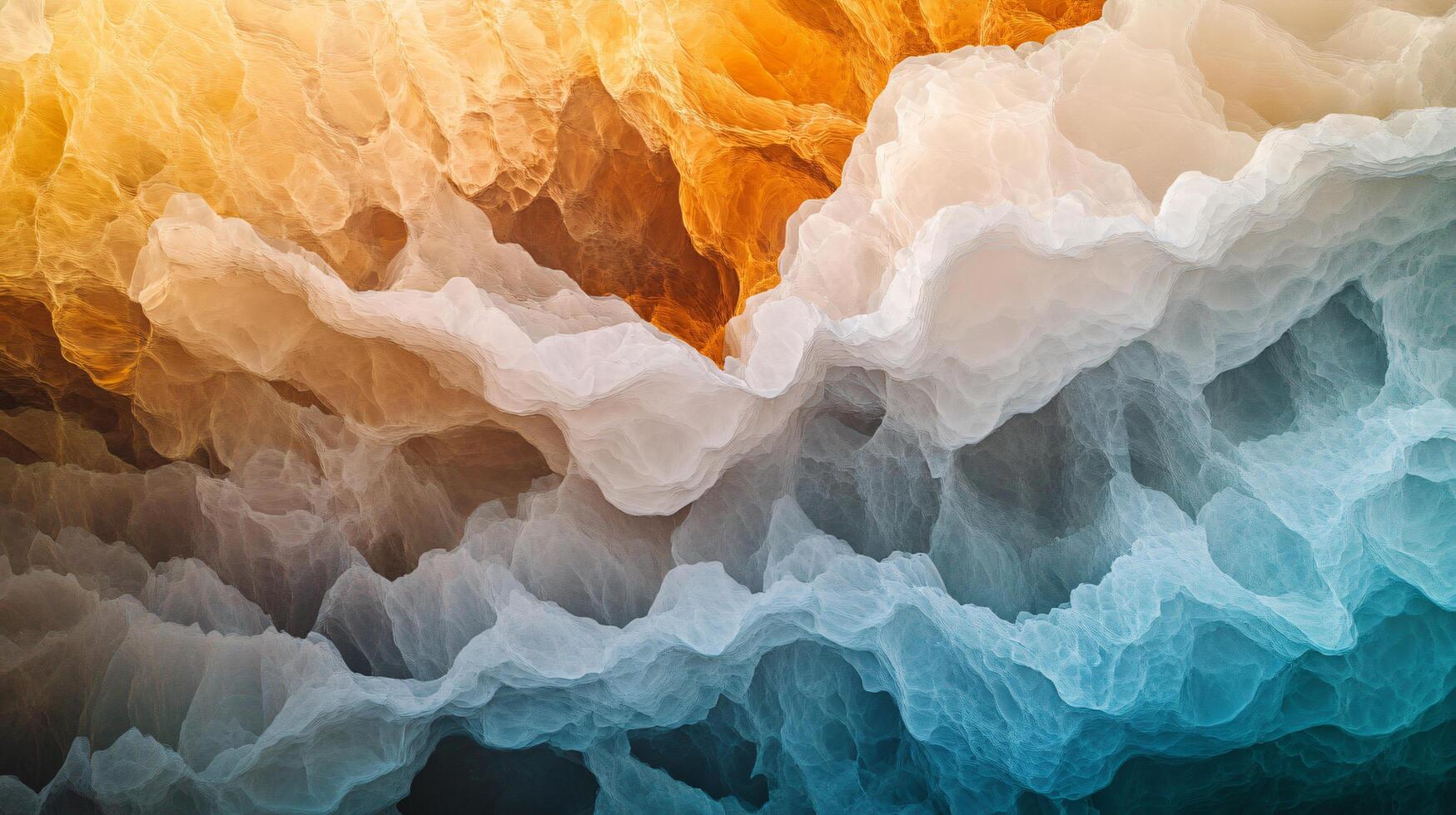 Colorful abstract painting of a mountain range with blue, white, and orange tones. The painting has a dreamy, ethereal quality to it photo