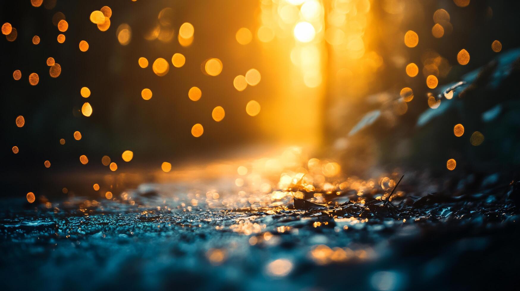 Blurry image of raindrops on a forest floor. The image is a beautiful representation of the rain and the way it interacts with nature. The raindrops are scattered throughout the image photo