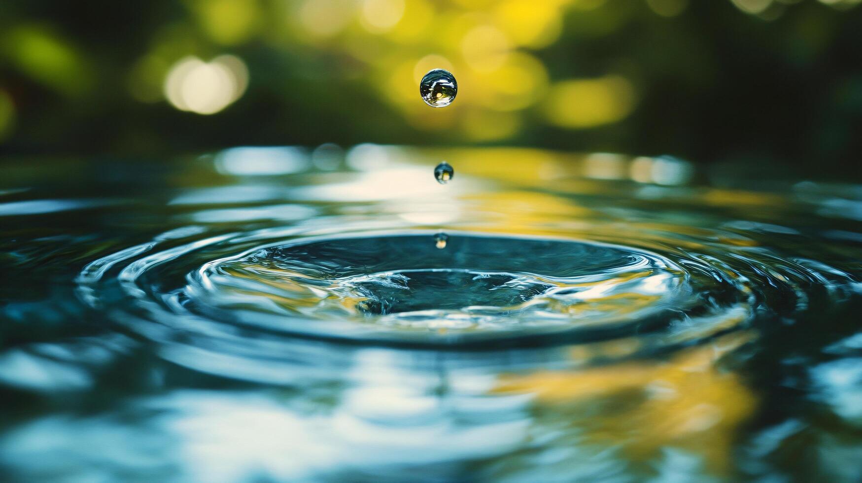 Drop of water falling into a body of water. The water is calm and still, with the drop creating a ripple effect. Concept of tranquility and peacefulness photo