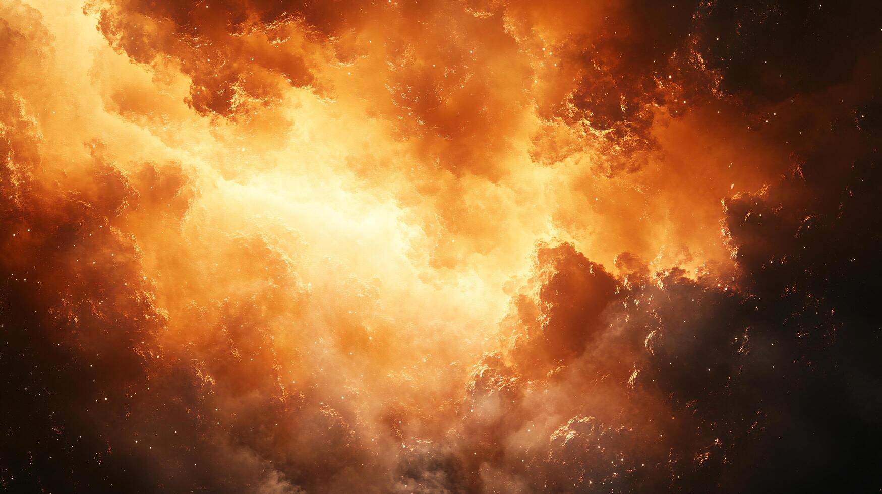 Fiery orange cloud with a black background. The orange cloud is filled with fire and smoke. Scene is intense and dramatic photo