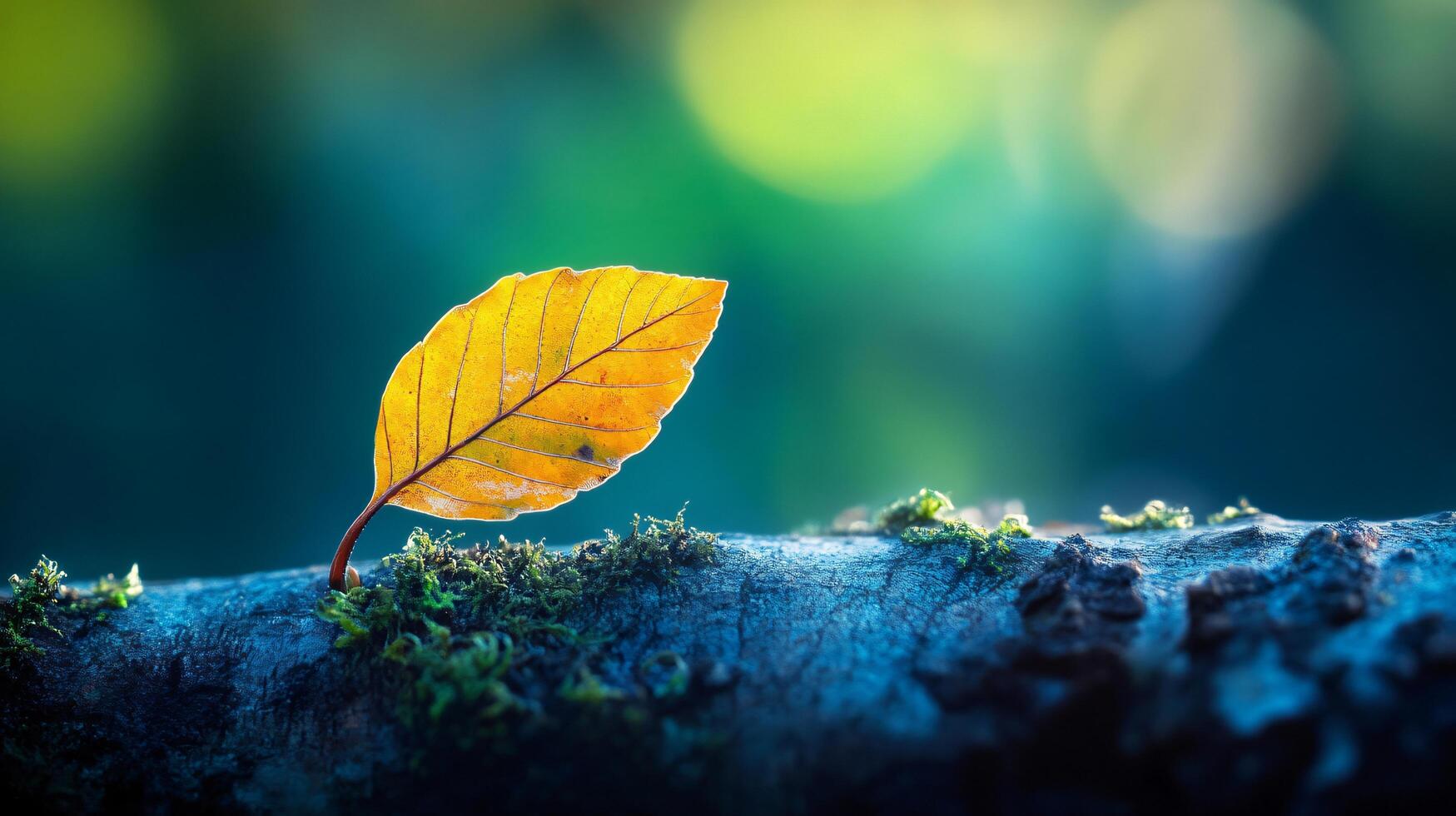 Leaf is on a rock by a body of water. The leaf is yellow and the water is blue photo