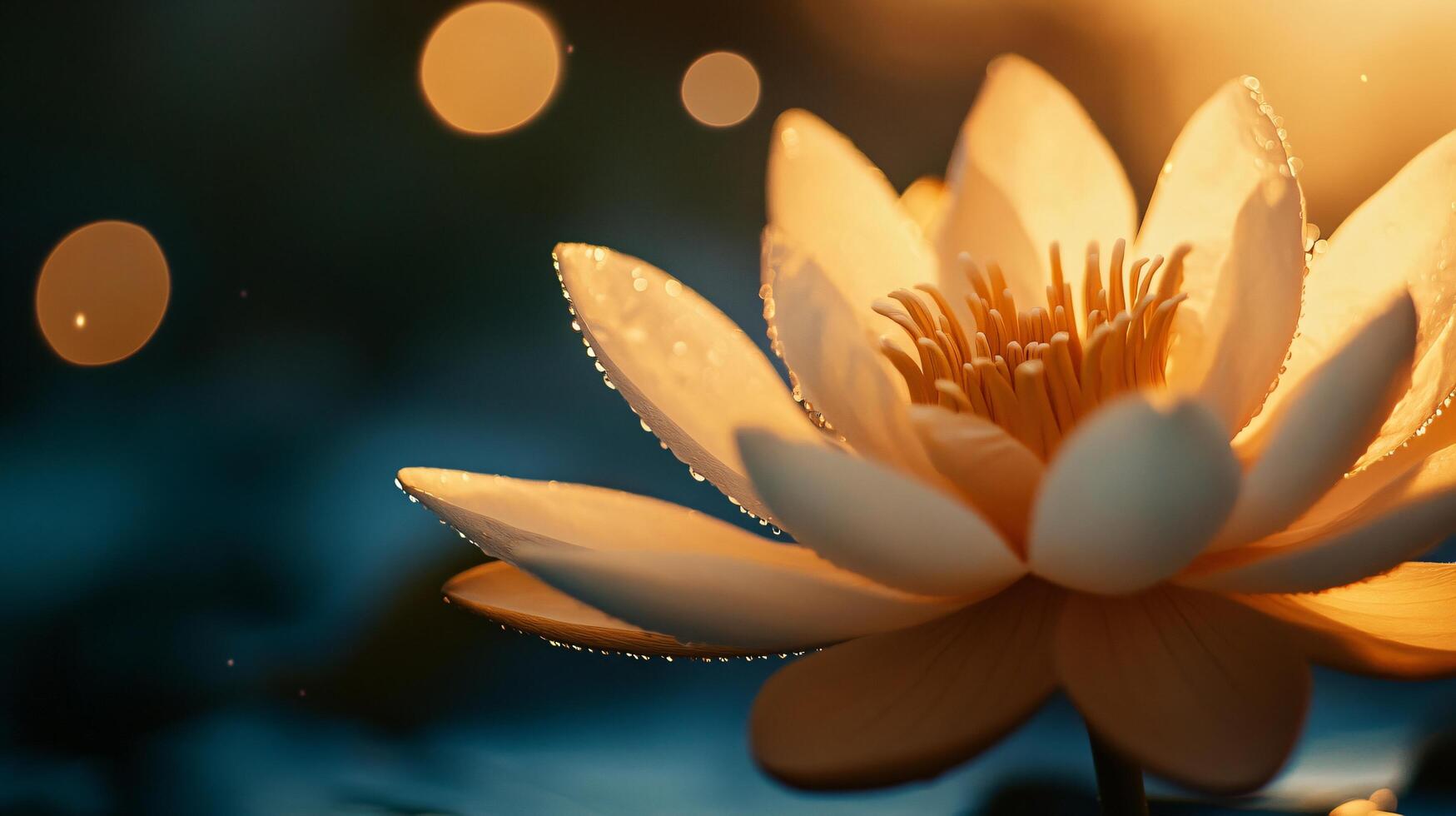 Close up of a yellow flower with a blue background. The flower is surrounded by water droplets, giving it a serene and peaceful appearance photo