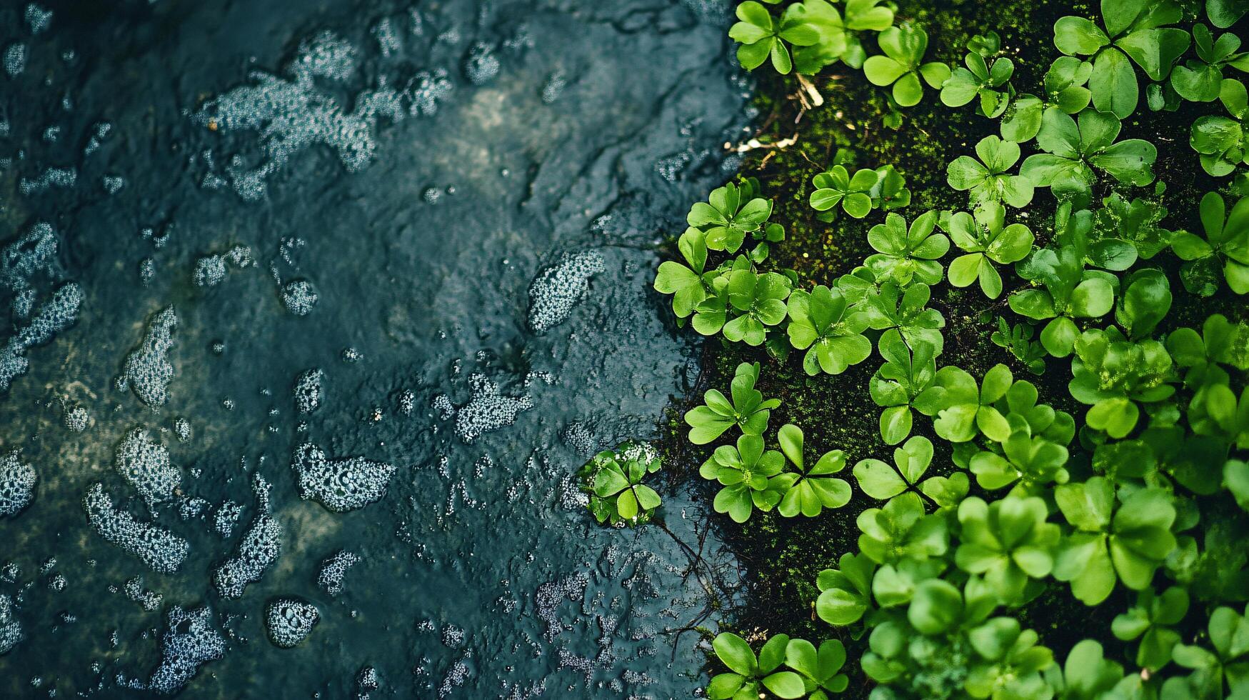 Body of water with green plants growing on the edge. The water is murky and the plants are lush and green photo