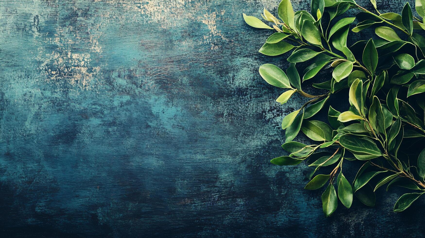 Leafy green plant is on a blue background. The background is textured and has a blue hue. The plant is the main focus of the image photo
