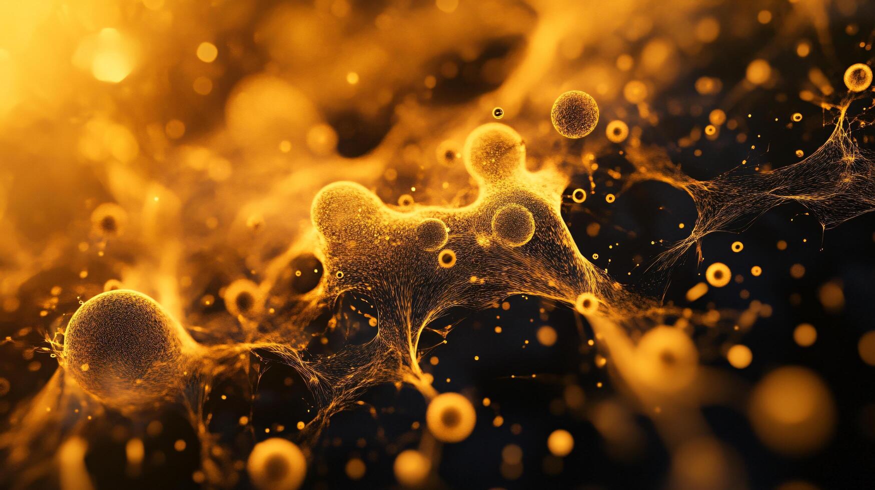 Close up of a yellowish orange blob with many small circles. The blob is surrounded by a black background photo