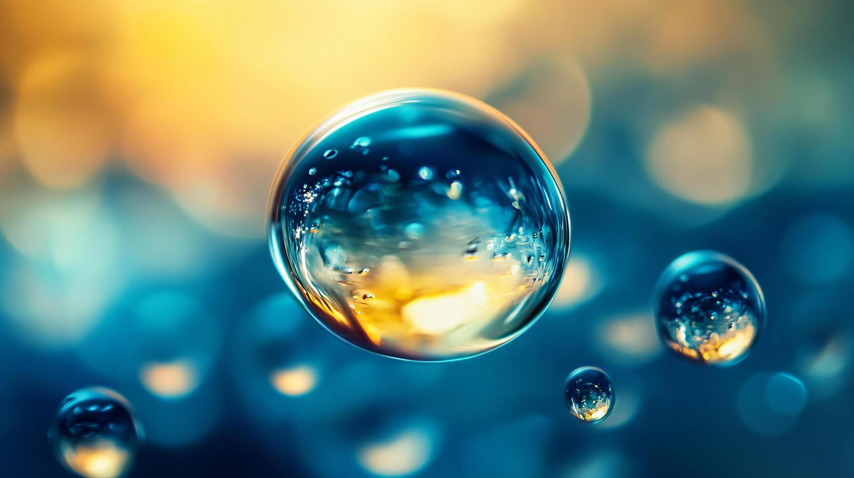 Close up of a blue and yellow water droplet. The droplet is surrounded by other droplets, creating a sense of depth and movement. Concept of fluidity and harmony photo