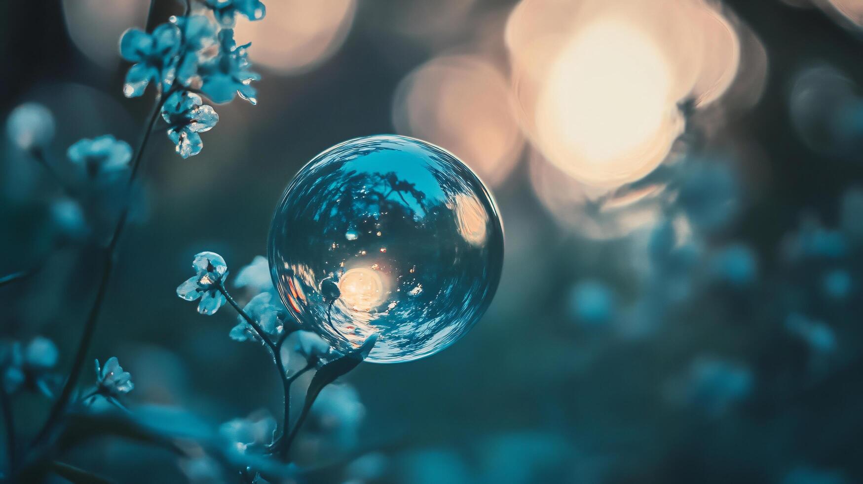 Clear bubble floating in the air with a blue background. The bubble is surrounded by flowers and the sky photo