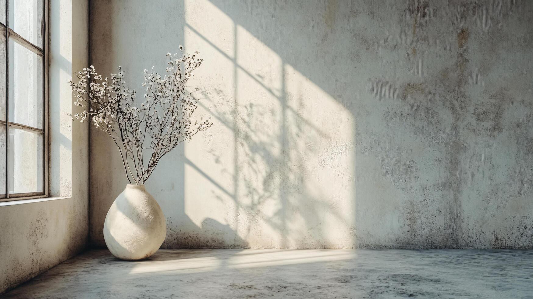 White vase with flowers sits in a room with a large window. The room is empty and the vase is the only object in the space. The sunlight coming through the window casts a warm glow on the vase photo