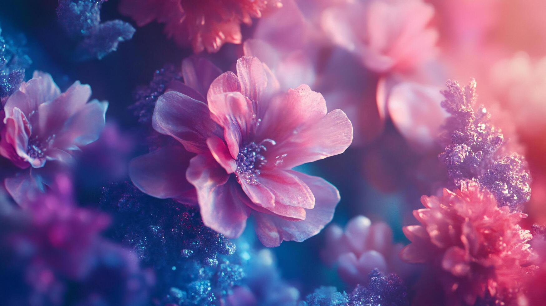 Close up of a bouquet of flowers with a blue background. The flowers are pink and purple and appear to be in a vase. Scene is serene and calming photo